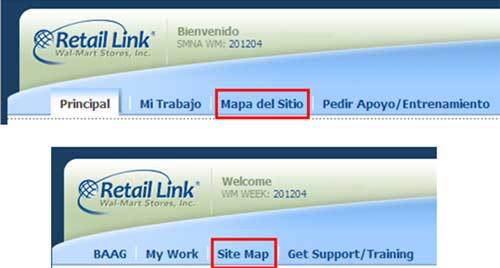 Foto de ejemplo de cómo ingresar al Mapa del Sitio de Retail Link